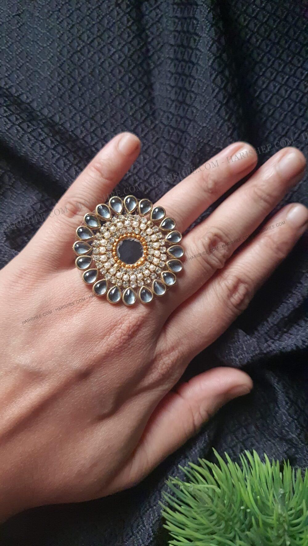 Mirror Golden Kundan Ring (Adjustable)